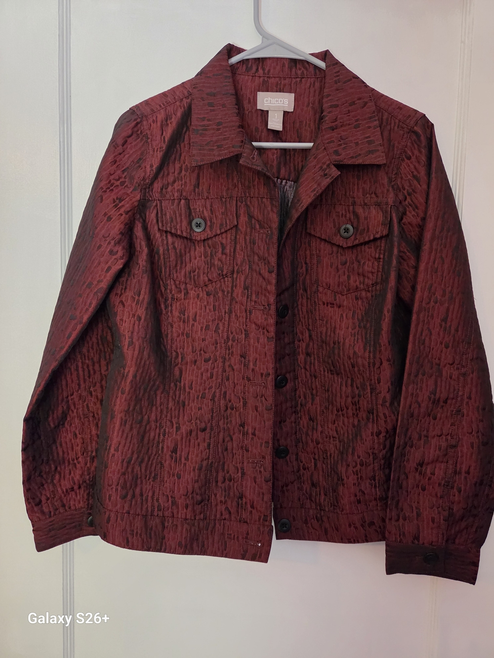 Chico's Deep Red Textured Button-Up Jean Jacket